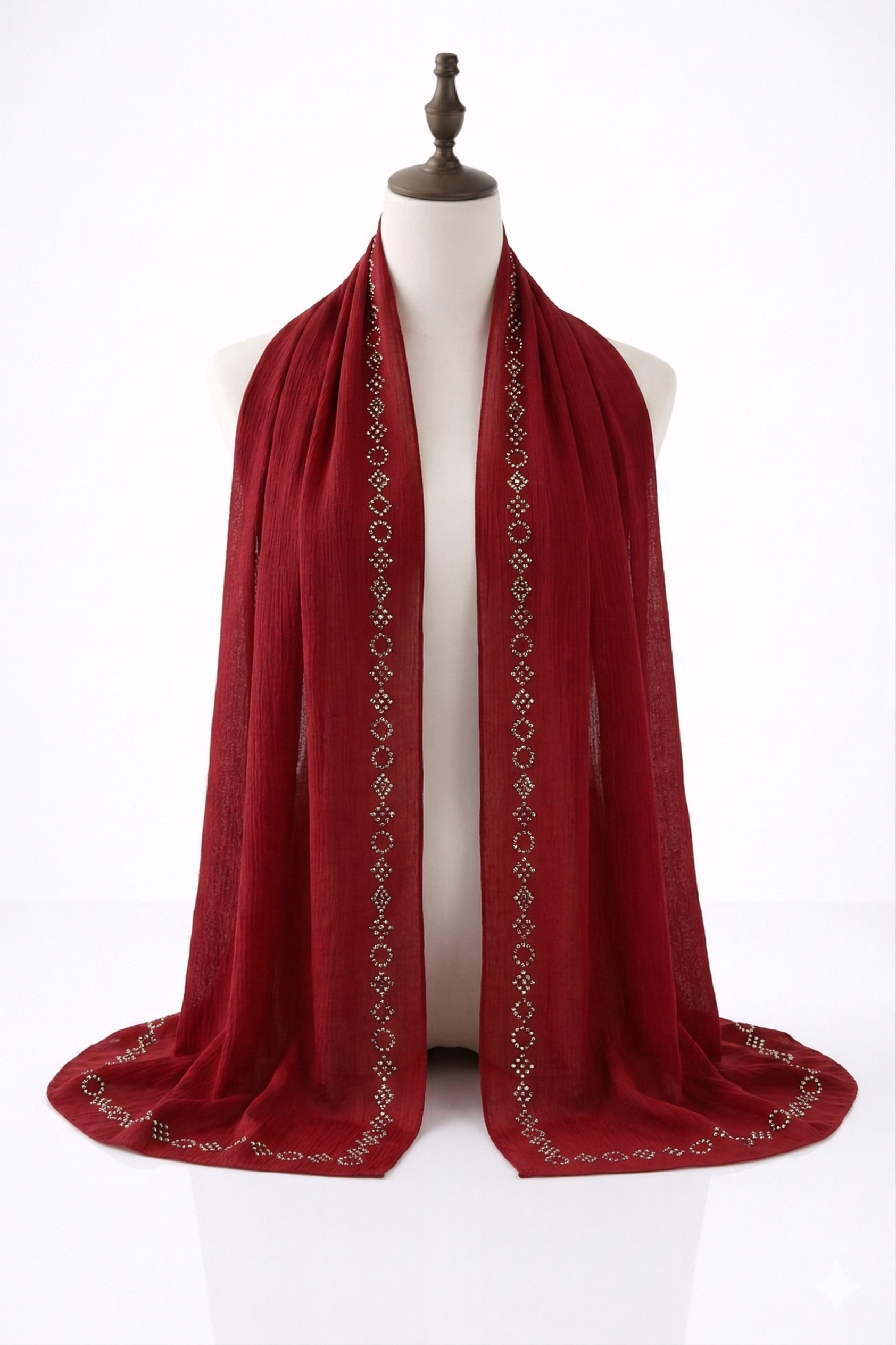 Deep Red Crinkle Silk with Rhinestone Organza Hijab