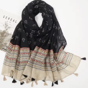 Printed Hijab Scarf – Black & Beige Ethnic Print