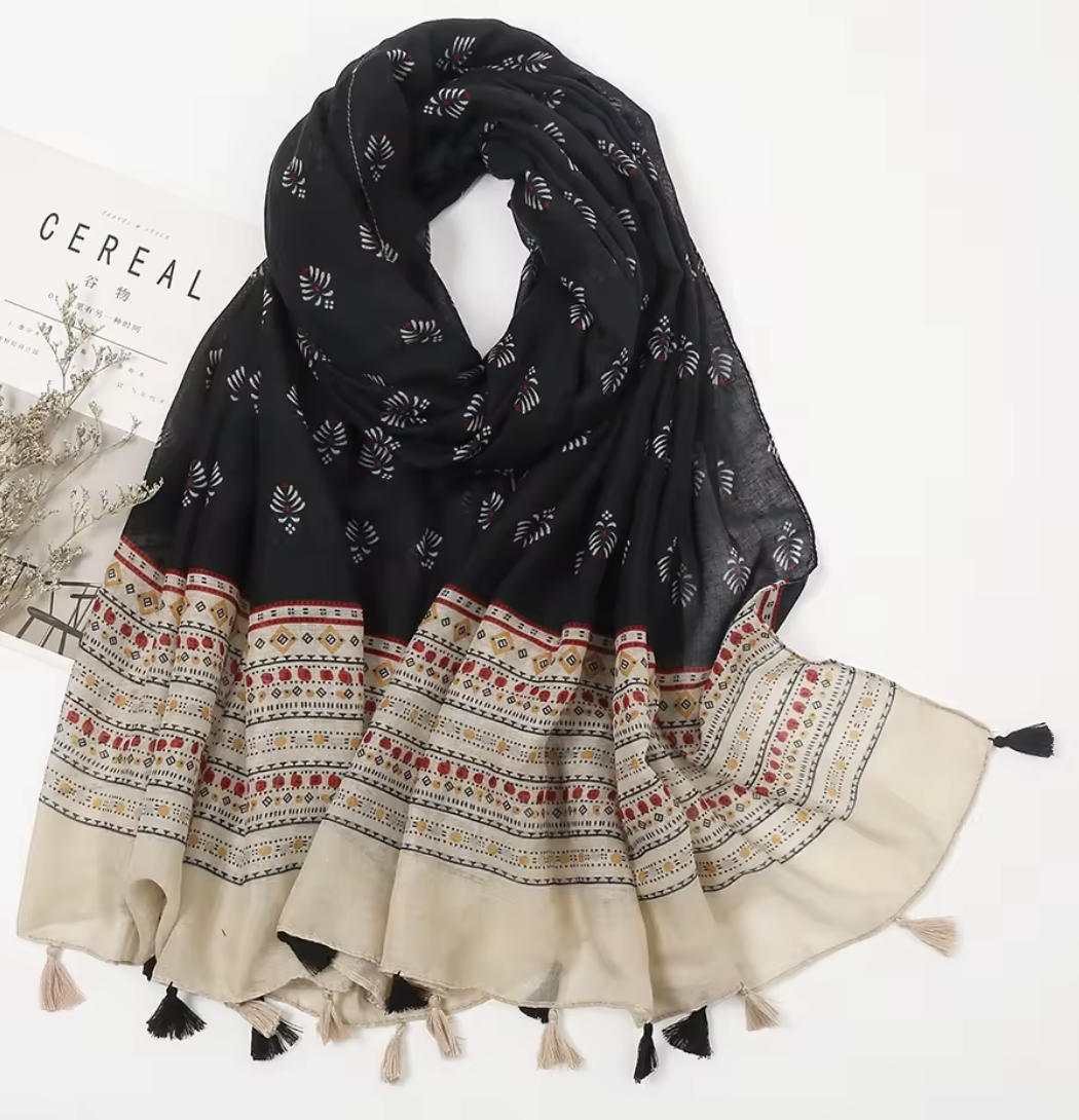 Printed Hijab Scarf – Black & Beige Ethnic Print