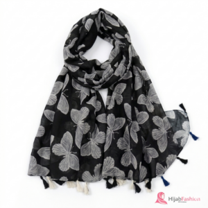 Printed Hijab Scarf Black & White Butterfly