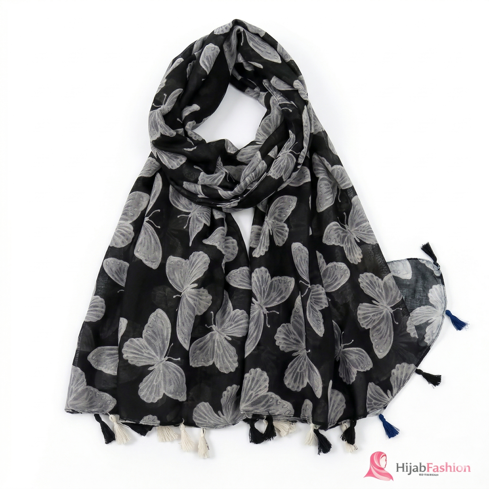 Printed Hijab Scarf – Black & White Butterfly