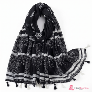 Printed Hijab Scarf – Black & White Paisley