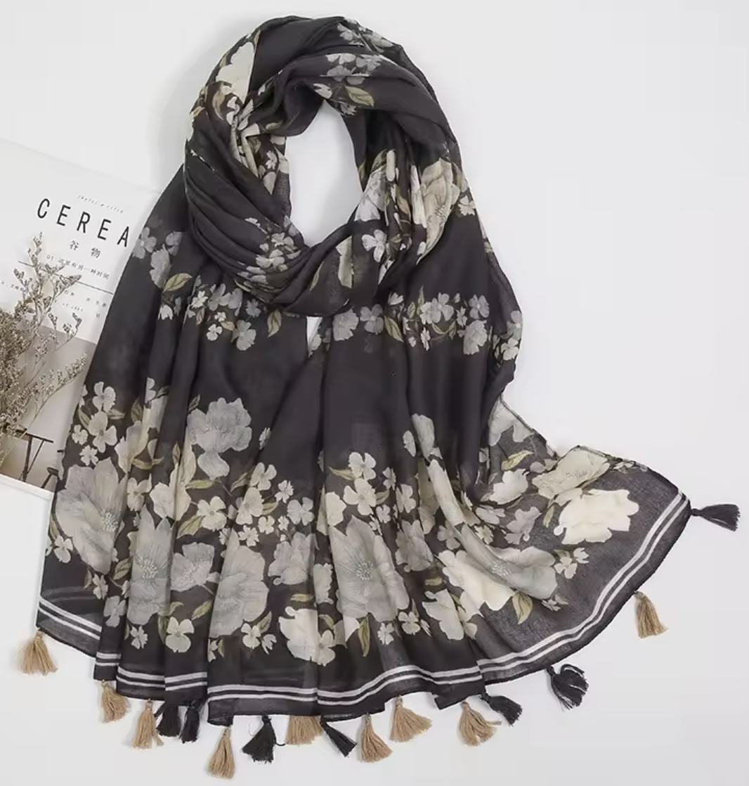 Printed Hijab Scarf – Charcoal Meadow Bloom