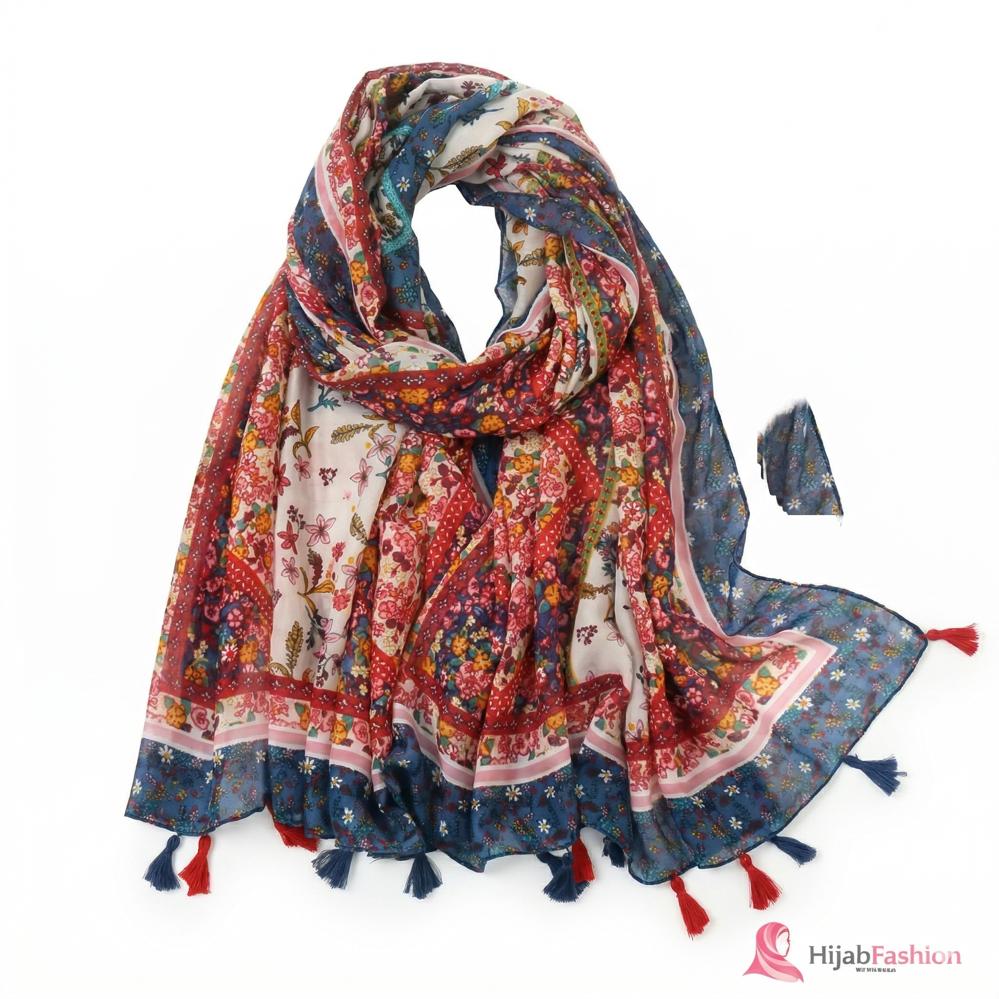 Printed Hijab Scarf – Crimson & Navy Bohemian Floral