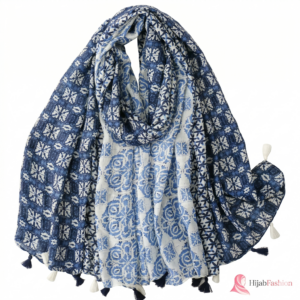 Printed Hijab Scarf – Indigo Mosaic Tassel