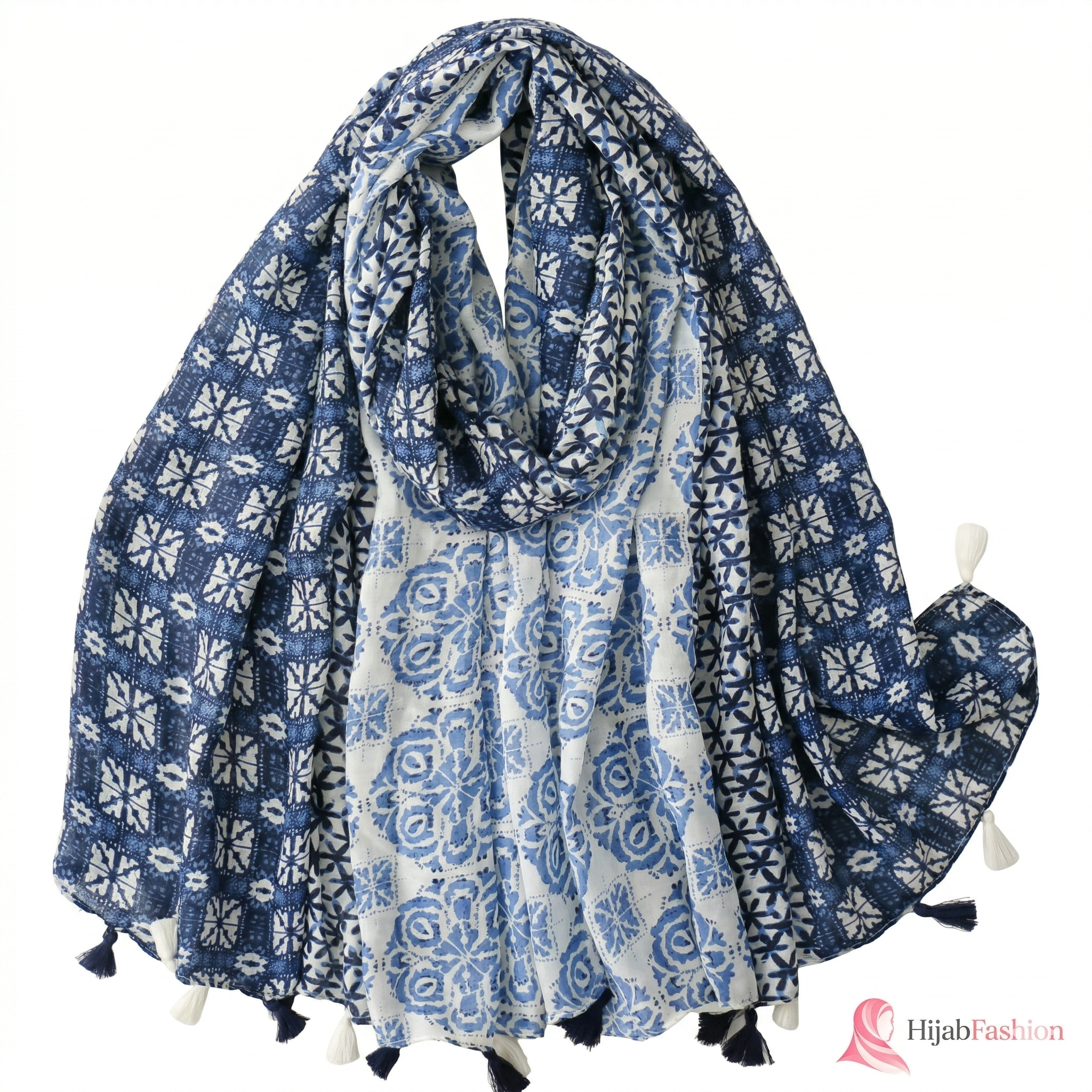 Printed Hijab Scarf – Indigo Mosaic Tassel