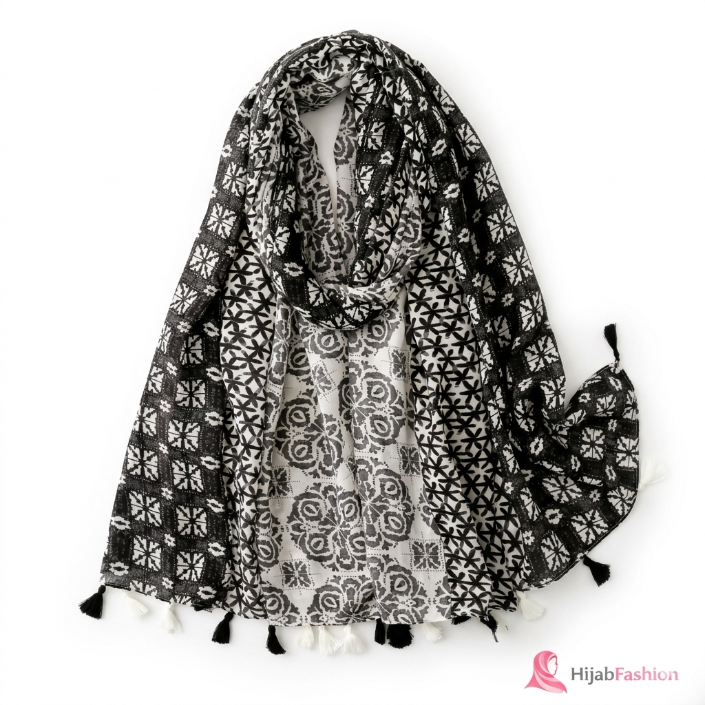 Printed Hijab Scarf – Monochrome Ethnic Pattern