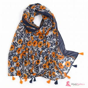 Printed Hijab Scarf – Mustard Floral & Navy