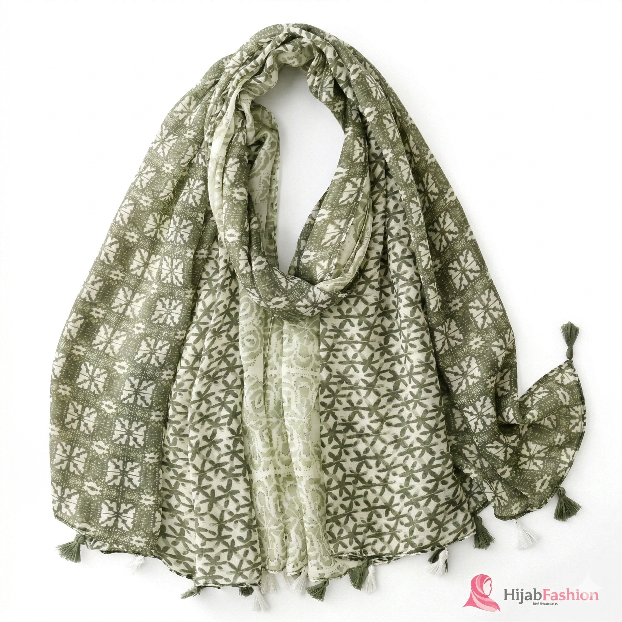 Printed Hijab Scarf – Olive Green Ethnic