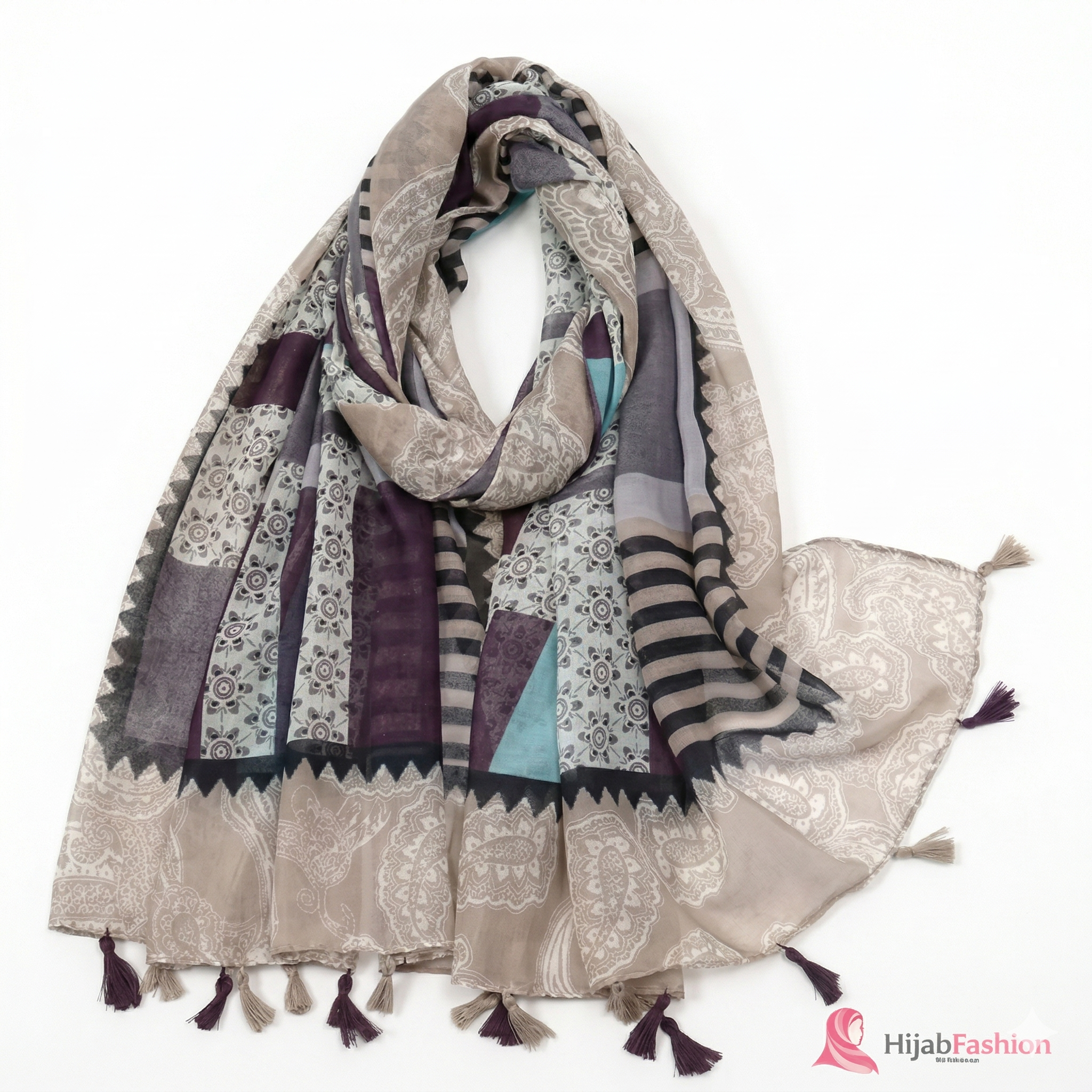 Printed Hijab Scarf – Purple & Grey Paisley Mix