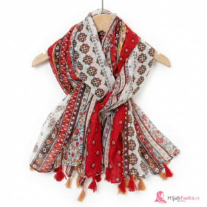 Printed Hijab Scarf – Red & Cream Ethnic Print