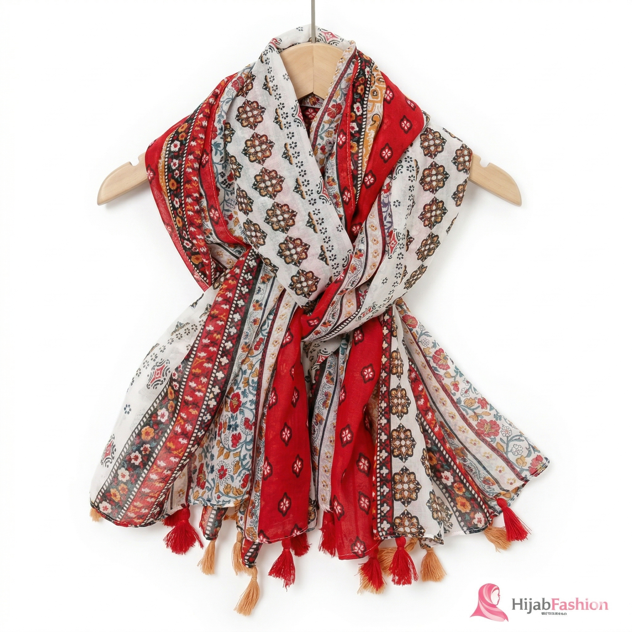 Printed Hijab Scarf – Red & Cream Ethnic Print