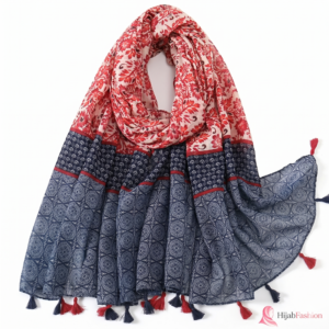 Printed Hijab Scarf – Red Floral & Navy Geometric