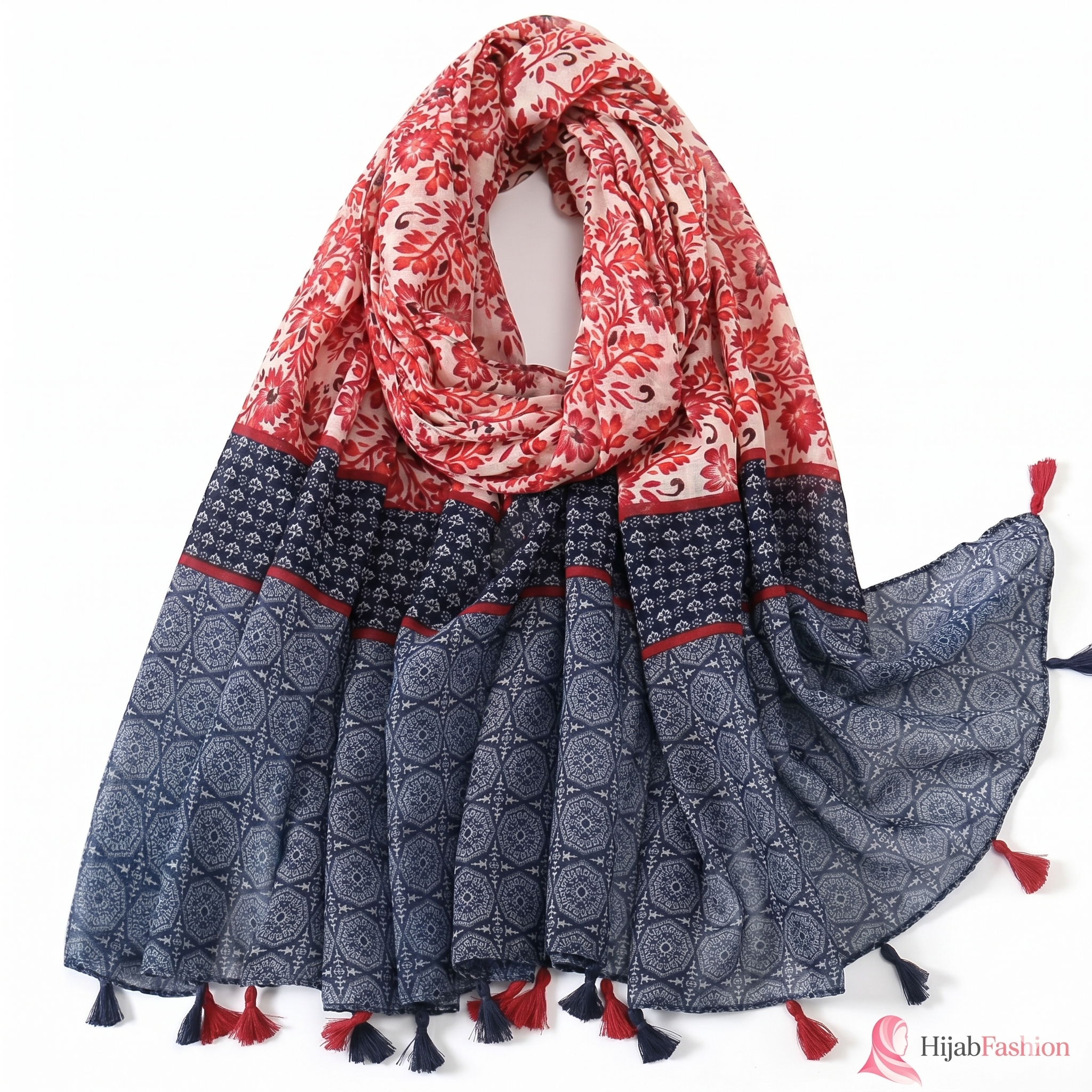 Printed Hijab Scarf – Red Floral & Navy Geometric