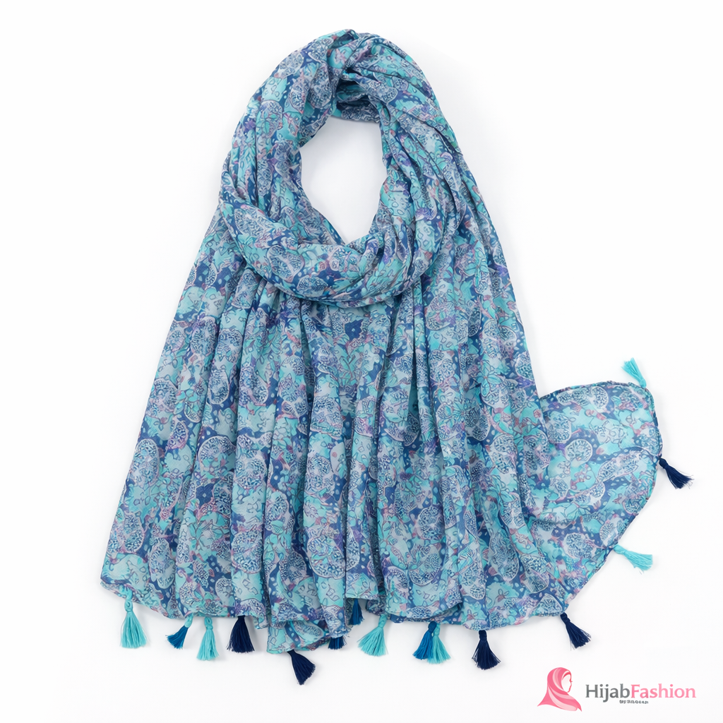 Printed Hijab Scarf – Teal Blue Floral